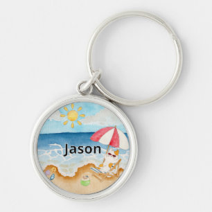 Mooie Zomer Strand Kat Gepersonaliseerde Naam Sleu Sleutelhanger