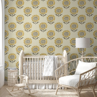 Mooie Zonnebloem Blokdruk in Mosterd en Beige Behang