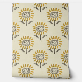 Mooie Zonnebloem Blokdruk in Mosterd en Beige Behang