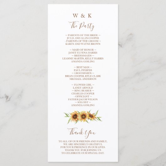 Mooie, Zonnebloem bruiloft Programmakaart (Achterkant)