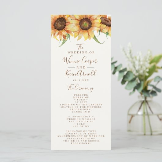 Mooie, Zonnebloem bruiloft Programmakaart (Staand voorkant)