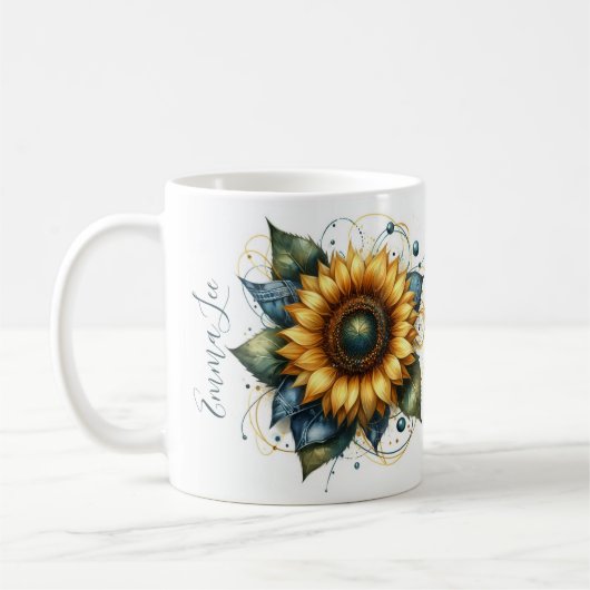 Mooie zonnebloem en denim monogram koffiemok (Links)