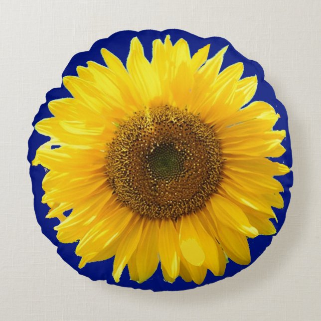 Mooie zonnebloem op de Royal Blue Round Pillow Rond Kussen (Voorkant)