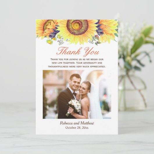 Mooie Zonnebloem rustieke bruiloft foto dank u Bedankkaart (Staand voorkant)