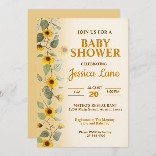 Mooie Zonnebloemen Baby shower Uitnodiging (Voorkant / Achterkant)