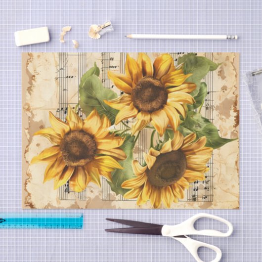 Mooie zonnebloemen bloemenmuziek blad ephemera tissuepapier (Craft)