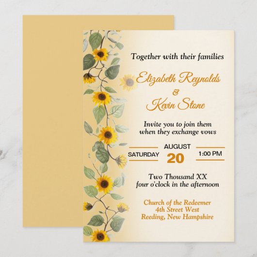 Mooie zonnebloemen bruiloft kaart (Voorkant / Achterkant)