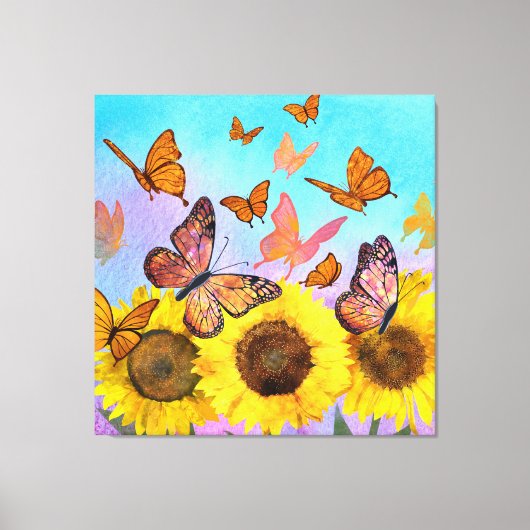 Mooie zonnebloemen Butterflies Flower Garden Canvas Afdruk (Voorkant)