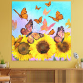 Mooie zonnebloemen Butterflies Flower Garden Canvas Afdruk (Insitu (Woonkamer))