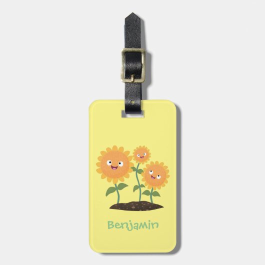 Mooie zonnebloemen die cartoon glimlachen bagagelabel (Voorkant verticaal)