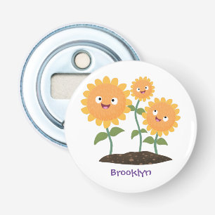 Mooie zonnebloemen die cartoon glimlachen button flesopener