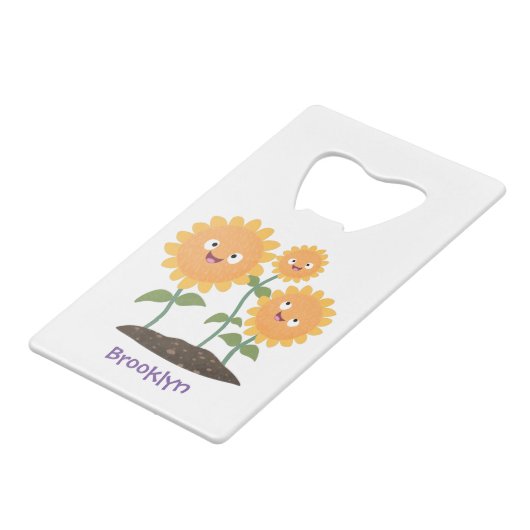Mooie zonnebloemen die cartoon glimlachen creditkaart flessenopener (Voorkant Gekanteld)