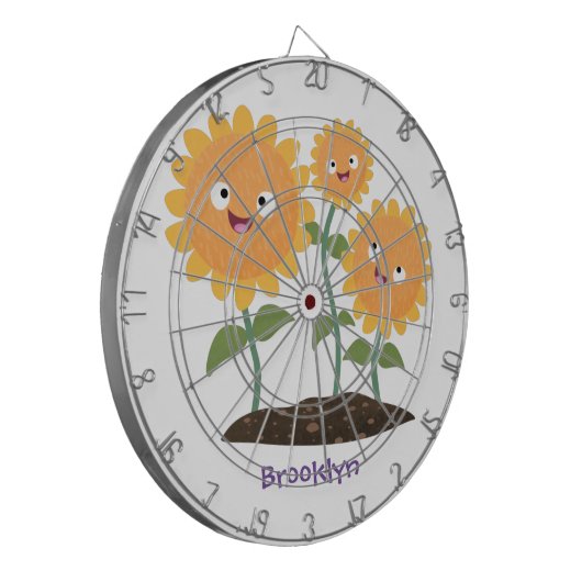 Mooie zonnebloemen die cartoon glimlachen dartbord (Voorkant Links)