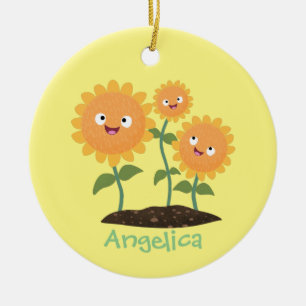 Mooie zonnebloemen die cartoon glimlachen keramisch ornament