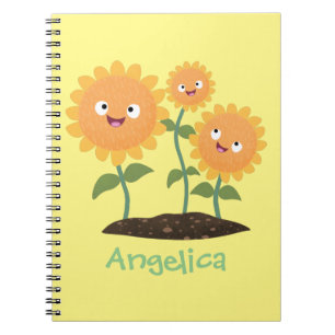 Mooie zonnebloemen die cartoon glimlachen notitieboek