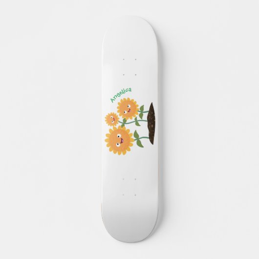 Mooie zonnebloemen die cartoon glimlachen persoonlijk skateboard (Voorkant)