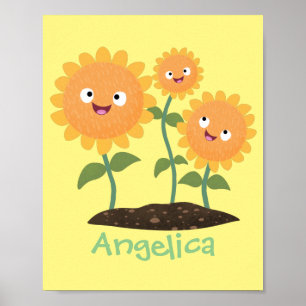 Mooie zonnebloemen die cartoon glimlachen poster