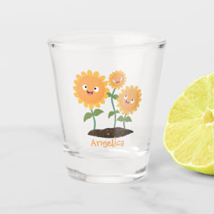 Mooie zonnebloemen die cartoon glimlachen shot glas