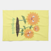 Mooie zonnebloemen die cartoon glimlachen theedoek (Horizontaal)