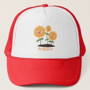 Mooie zonnebloemen die cartoon glimlachen trucker pet