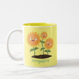 Mooie zonnebloemen die cartoon glimlachen tweekleurige koffiemok