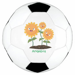 Mooie zonnebloemen die cartoon glimlachen voetbal