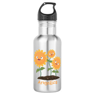Mooie zonnebloemen die cartoon glimlachen waterfles