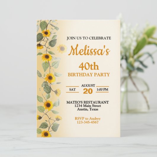 Mooie Zonnebloemen Verjaardag Uitnodiging (Staand voorkant)