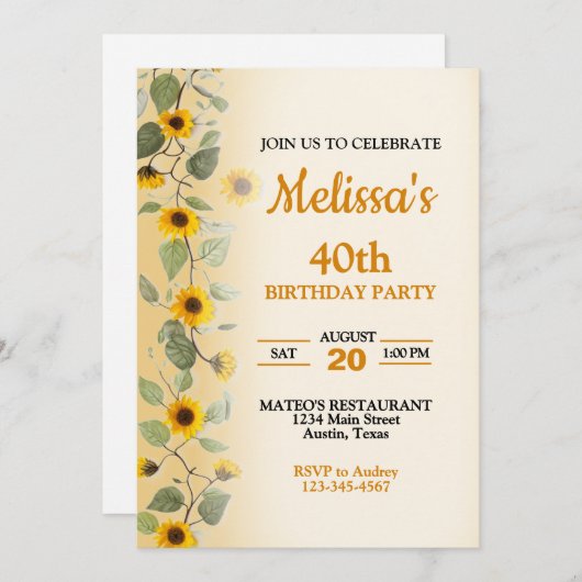 Mooie Zonnebloemen Verjaardag Uitnodiging (Voorkant / Achterkant)