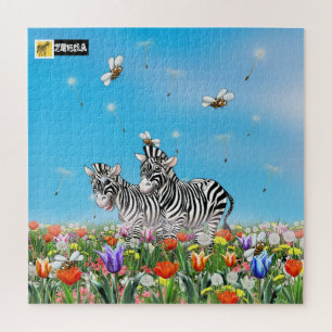 Mooie zonnige dag voor schattige zebra's die op we legpuzzel