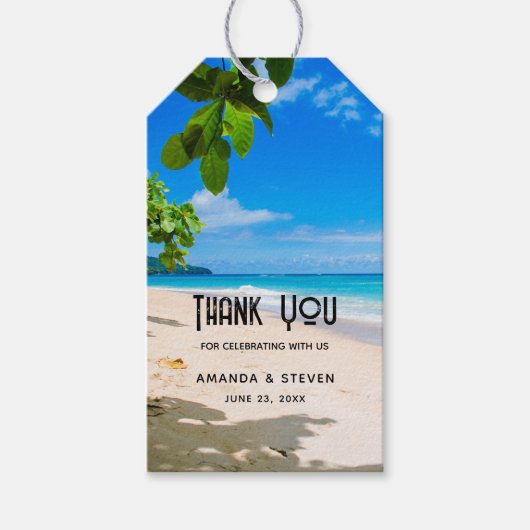 Mooie zonnige tropische strand bruiloft dank u cadeaulabel (Voorkant)