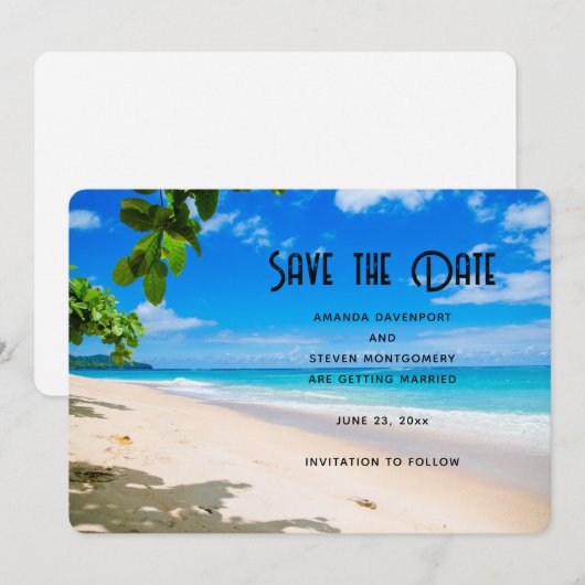 Mooie zonnige tropische strand foto bruiloft save the date (Voorkant / Achterkant)