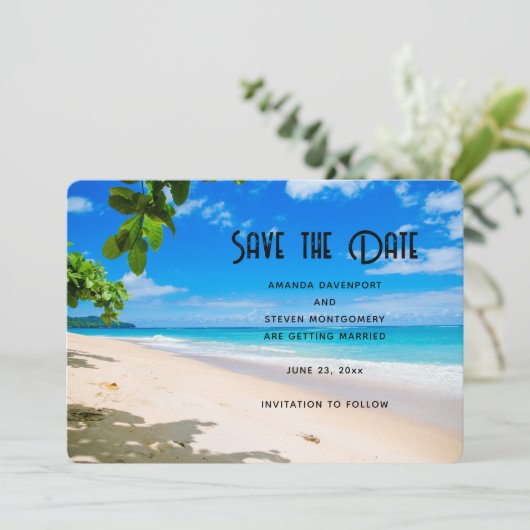Mooie zonnige tropische strand foto bruiloft save the date (Staand voorkant)
