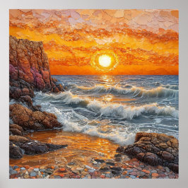 Mooie zonsondergang boven de oceaan met golven poster