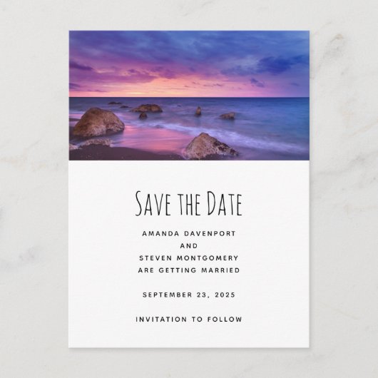 Mooie zonsondergang Kustfoto bruiloft Aankondigingskaart (Voorkant)