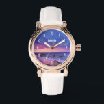 Mooie zonsondergang kustfoto horloge<br><div class="desc">Een horloge met een mooie foto met opvallende kleuren van paarse,  blauw en roze bij zonsondergang. Een  kustlijn verspreid met rotsen.</div>