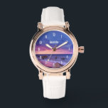 Mooie zonsondergang kustfoto horloge<br><div class="desc">Een horloge met een mooie foto met opvallende kleuren van paarse,  blauw en roze bij zonsondergang. Een  kustlijn verspreid met rotsen.</div>