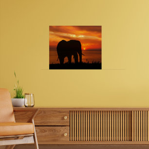 Mooie zonsondergang met silhouet van olifant poster
