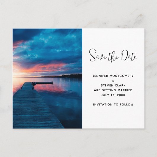 Mooie zonsondergang op een Calm Lake Save the Date Uitnodiging Briefkaart (Voorkant)