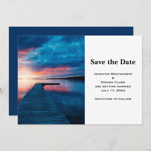 Mooie zonsondergang op een kalme Lake bruiloft Save The Date (Voorkant / Achterkant)