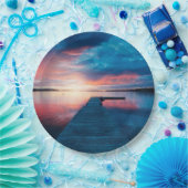 Mooie zonsondergang op een rustig meer papieren bordje (Feest)