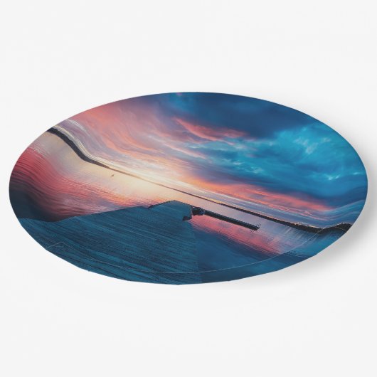 Mooie zonsondergang op een rustig meer papieren bordje (Gekanteld)
