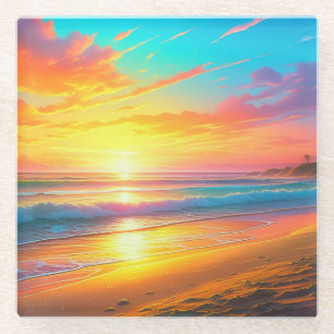 Mooie zonsondergang op het zandstrand van de oceaa glazen onderzetter