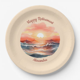 Mooie Zonsondergang Over Oceaangolven Pensioen Papieren Bordje