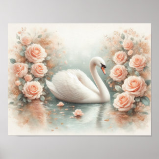 Mooie Zwaan & Rozen Schilderij Poster