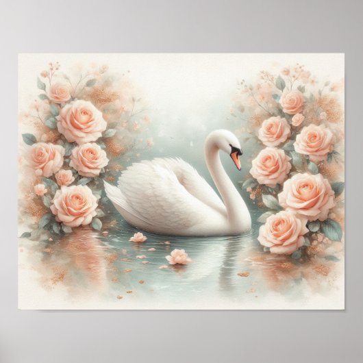Mooie Zwaan & Rozen Schilderij Poster (Voorkant)