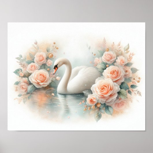 Mooie Zwaan & Rozen Schilderij Poster (Voorkant)