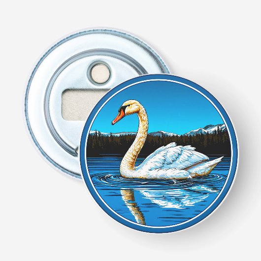 Mooie zwaan vogel button flesopener (Voorkant)