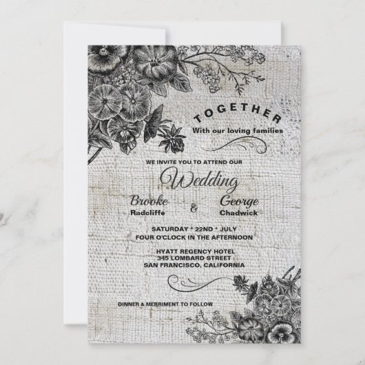 Mooie zwart en grijs artistieke bloemen bruiloft kaart (Voorkant)