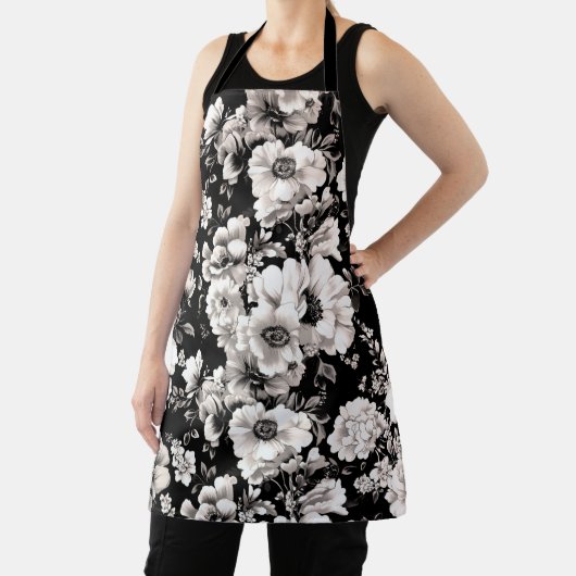 Mooie zwart en licht sepia toon bloemen schort (Insitu)
